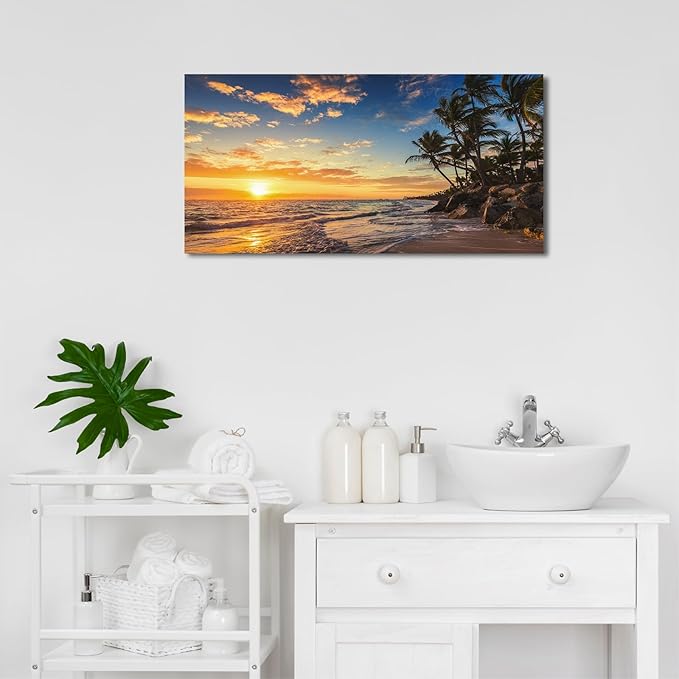 Sunset Beach Canvas Wall Art - Tropical Island Beach Pictures Natural Beauty Scene Wall Decor Coastal Ocean Waves Painting Coconut Trees Canvas Print Artwork Home Office Decoration 20" x 40"