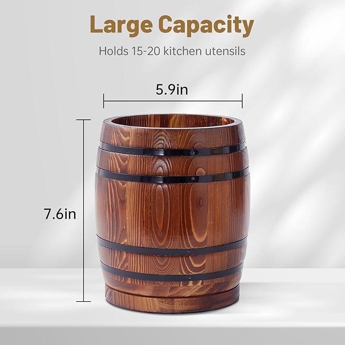 360° Rotating Wooden Utensil Holder, Wine Barrel-Shaped Utensil Crock for Kitchen Counter, Large Capacity Cooking Utensil Organizer & Spoon/Spatula Holder, Rustic Farmhouse Decor & Accessory