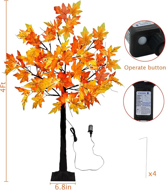 4FT Fall Lighted Maple Trees with 48 LEDs Lights 12 Pumpkins Fake Fall Light Up Tree Artificial Autumn Maple Trees for Indoor Outdoor Thanksgiving Fall Decor