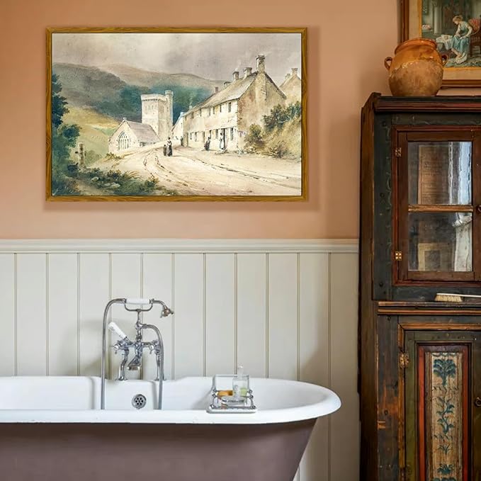 crmotu Vintage Framed Wall Art, Country Landscape Canvas Prints, Retro Old Architecture Aesthetic Pictures, Scenery Wall Paintings for Living Room Bedroom Bathroom, Rustic Farmhouse Decor 20x30in