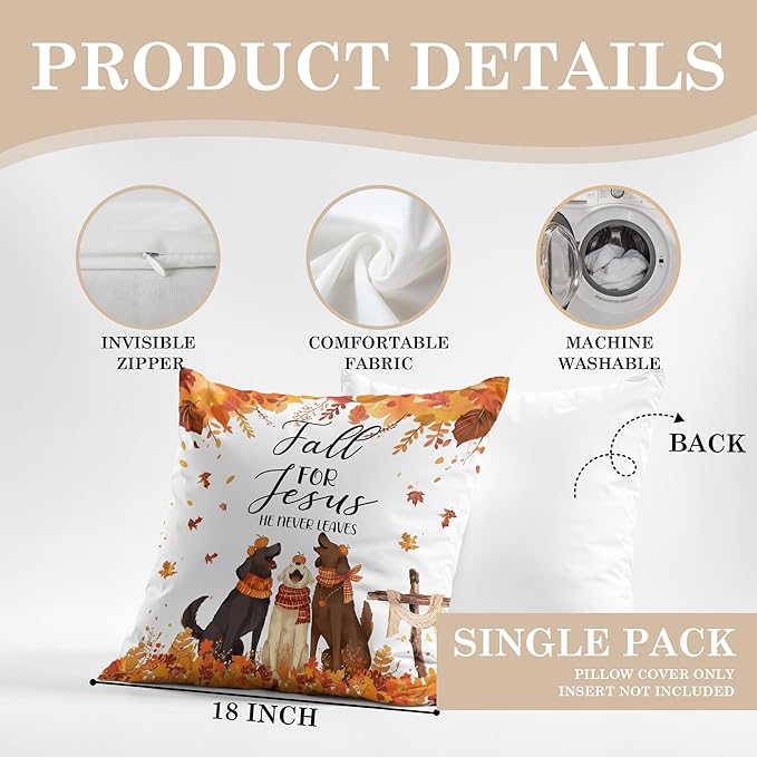 Christian Fall Dog Pillow Covers 18x18, Farmhouse Autumn Decor, Fall for Jesus He Never Leaves Pumpkin Autumn Maple Leaves Funny Puppy Decorative Throw Pillow Covers for Home Bedroom Living Room