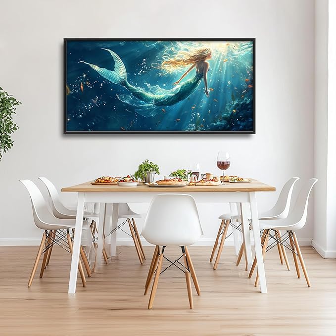 Framed Large Wall Art for Living Room, Beach Mermaid Canvas Wall Decor, Large Ocean Picture Framed Painting, Modern Artwork for Bedroom Office 60L'' × 30W''