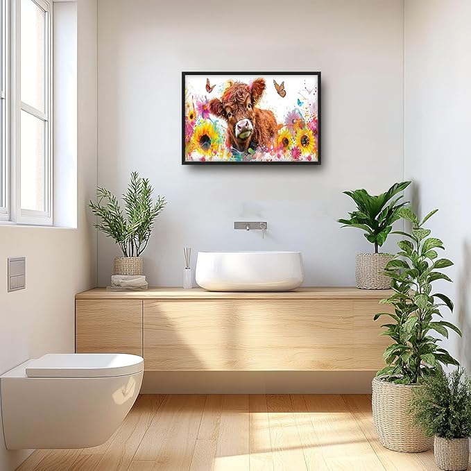 Flintis Large Highland Cow Wall Art Cow Sunflower Pictures Wall Decor Abstract Animal Canvas Painting Print Artworks Decorations Framed for Living Room Bathroom Master Bedroom Office 36L x 24W
