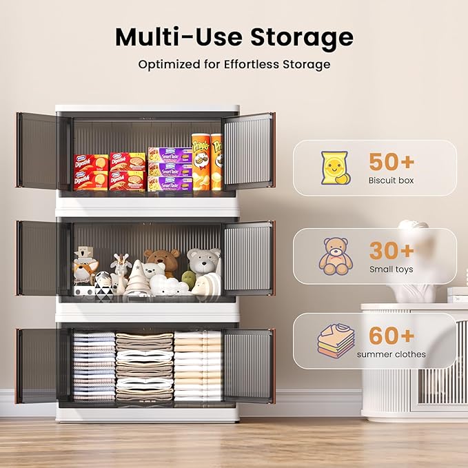 19Gal Collapsible Storage Bins with Lids & Wheels - 2 Pack Stackable with Doors, Heavy-Duty Plastic Containers for Home/Office, White