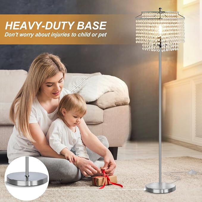 Luvkczc Crystal Floor Lamp, 64" Tall Modern Standing Lamps with Double-Layer Lampshade, On-Off Foot Switch, Silver Finish Pole Lamp for Living Room, Bedroom, Office, 8W Bulb Included