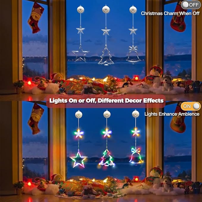 suddus Christmas Window Lights Decorations, 3Pcs Tree-Jingle Bell-Star Shaped Xmas Lights Battery Powered with Suction Cups & Timer, Hanging String Lights Indoor for Tree, Fireplace, Multicolor