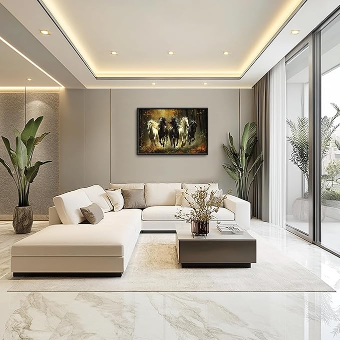 Olivine Horse Wall Art, Running Horses Pictures Wall Decor, Black And White Horse Paintings, Forest Landscape Canvas Prints, Framed Artwork for Bathroom Bedroom Living Room Office Home 36"x24"