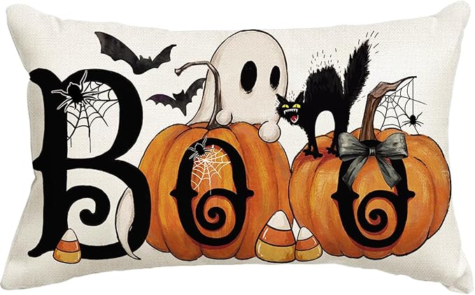 Baccessor Halloween Pillow Cover 12x20 Inch, Boo Ghost Spooky Lumbar Pillow Case Halloween Decor for Cushion Sofa Couch Indoor Outdoor Decoration 1 Piece