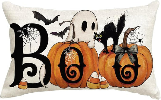 Baccessor Halloween Pillow Cover 12x20 Inch, Boo Ghost Spooky Lumbar Pillow Case Halloween Decor for Cushion Sofa Couch Indoor Outdoor Decoration 1 Piece