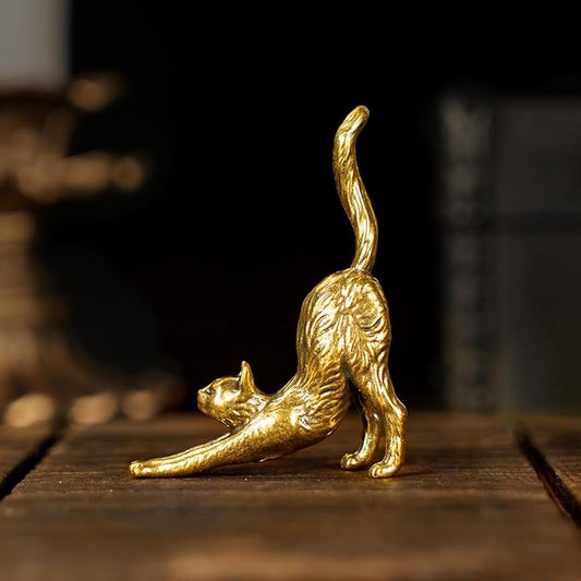 CHOVY Retro Seductive Cat Sculpture-Elegant Stretched Pose 100% Solid Brass Handcrafted - Ideal Home Decor Desk Ornament Collectible Art Piece Office Accent Artistic Scene Decoration