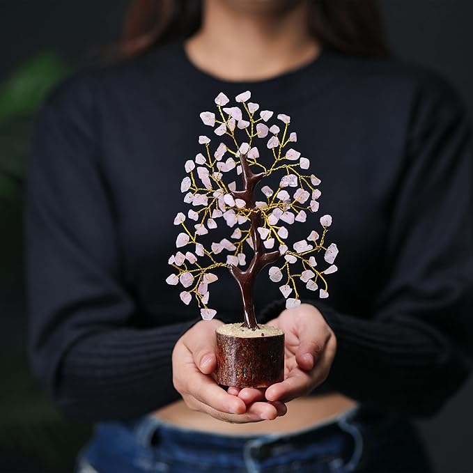 NARIBABU Rose Quartz Crystal Tree (7–8 Inch, 100 Chips) – Handmade Gemstone Tree with Raw Stones & Golden Wire – Birthday Gifts for Women, Gift for Her, Spiritual Decor, Desk Decor