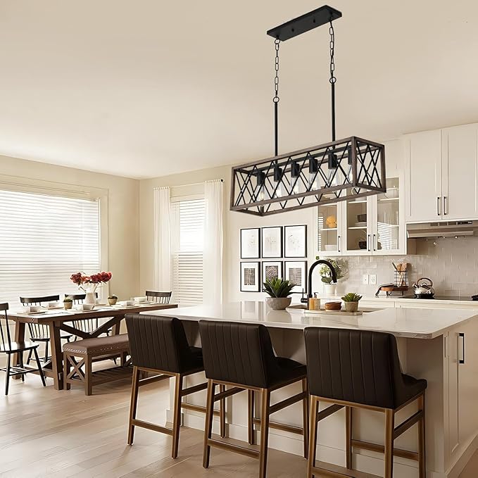 Farmhouse Kitchen Island Lighting,6-Light Dining Room Light Fixtures Over Table,Rustic Chandelier Wood Grain Finish,Height Adjustable Farmhouse Light Fixture for Dining Room Kitchen Bar.