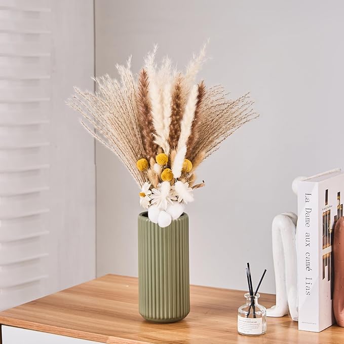 Green Ceramic Flower Vase for Pampas Grass, 8 inch Small Decorative Centerpiece Ribbed Vase for Dining Table, Office Desktop, Shelf Bookshelf, Mantel, Entryway, Bathroom, Countertop, Farmhouse, Gift