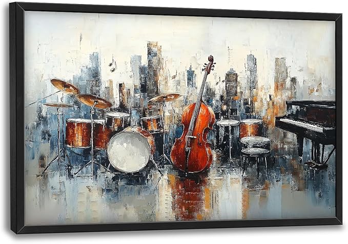 Flintis Large Music Cello Framed Wall Art Musical Piano Pictures Wall Decor Abstract Drums and Basses Canvas Painting Print Artworks Decor Framed for Living Room Bathroom Master Bedroom 36L X 24W