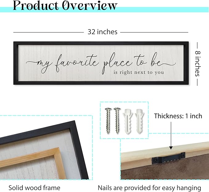 Love Quotes Wall Decor My Favorite Place To Be Sign 32"×8" Couples Love Theme Plaque Modren Farmhouse Master Bedroom Above Over Bed Wood Framed Wall Art (Black)