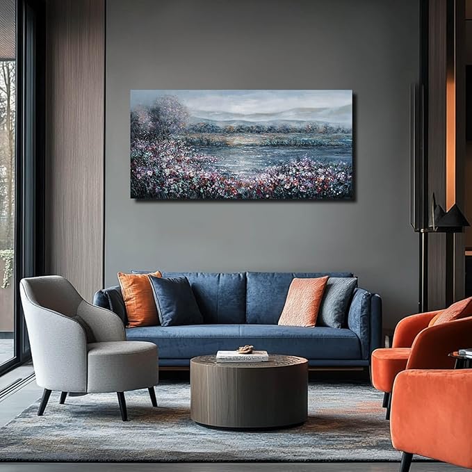 CHUDANHAO Abstract Wall Art for Bedroom White Wall Decor Purple Flower Artwork Landscape Wall Paintings 24"x48" Navy Blue Pictures for Walls