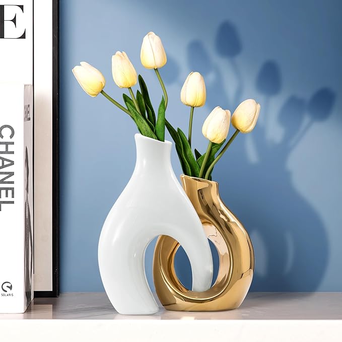 White and Gold Vases, Set of 2 vases Flowers, Pretty Vase Home Decor Boho, Hollow Modern Ceramic vase for Centerpieces
