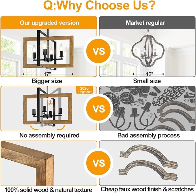 17" Farmhouse Wood Chandelier, (4-Light, 17-Inch), Rustic Dining Room Light Fixtures Over Table, Adjustable Hanging Light Fixture for Kitchen, Living Room, Foyer, Entryway