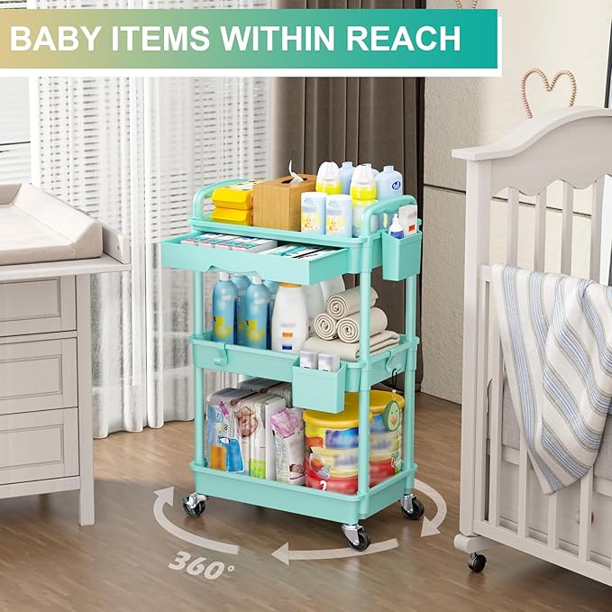 Goovilla 3 Tier Rolling Utility Cart Organizer with Removable Drawer, Stable and Sturdy Blue Rolling Storage Carts with 2 Lockable Wheels for Bathroom, Kitchen, Snack, Craft, Makeup, Baby Essentials