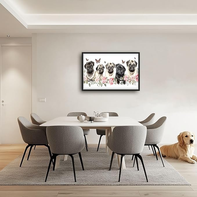 Flintis Large Pug Wall Art Dog Butterfly Pictures Wall Decor Abstract Animal Canvas Painting Print Artwork Decoration Framed for Living Room Bathroom Master Bedroom Office Dining Room 36L x 24W