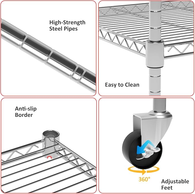 Garage Shelving with Wheels, 4 Tier Shelving Unit and Adjustable Feet, 865 lb High Capacity Rolling Storage Shelf for Kitchen, Office, Dining Room, Garage, Chrome