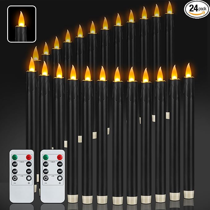 24 Pcs Black Flameless Taper Candles with Remote, 10" Black Battery Operated Led Candlesticks with Flickering 3D Flame, Fake Taper Candles for Halloween Anniversaries Dinner Home Décor