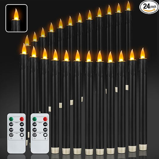 24 Pcs Black Flameless Taper Candles with Remote, 10" Black Battery Operated Led Candlesticks with Flickering 3D Flame, Fake Taper Candles for Halloween Anniversaries Dinner Home Décor