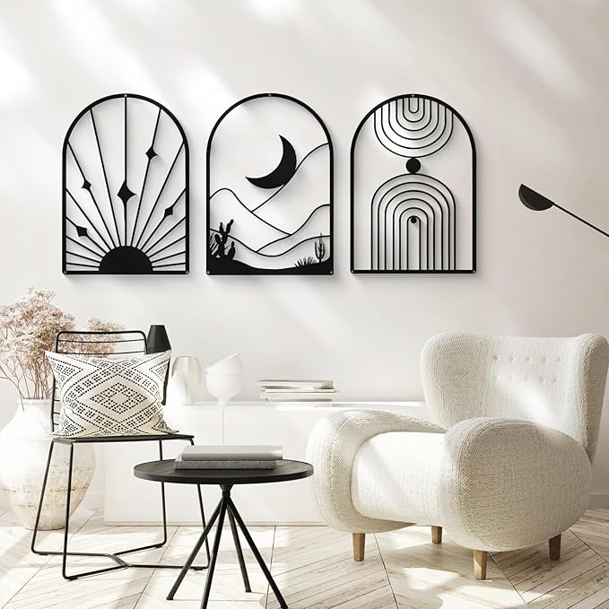 Glamativity 4 Pack Black Abstract Metal Wall Art, Minimalist Décor Single Line Art Wall Décor, 3D Textured Metal Wall Sculptures, for Living Room Bedroom Bathroom Study Room (Black Boho, L Size 22.5 x 15.7'')