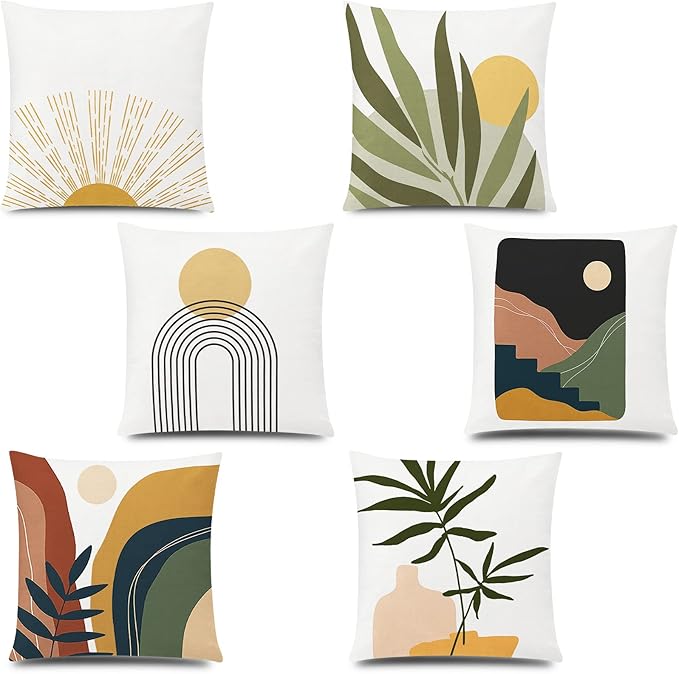 COMMINY Abstract Boho Pillow Covers 18x18 Set of 6,Rustic Sunset Leaves Throw Pillow Cover,Minimalist Modern Pillow Case for Couch Sofa Room Home Decor