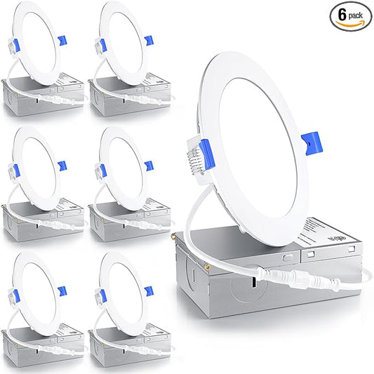 Ensenior 6 Pack 4 Inch LED Recessed Light, Dimmable, 4000K Cool White, 750LM High Brightness, 9W 120V, Damp Rated, Ultra-Thin Canless Wafer Ceiling Light - ETL & FCC & IC