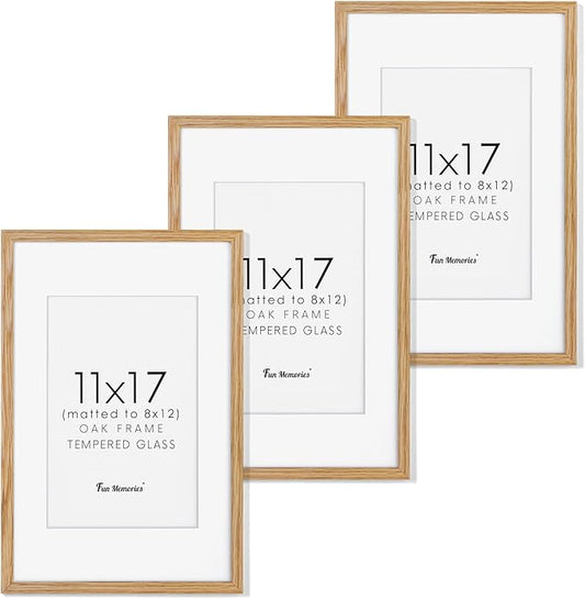 11x17 Picture Frame Set of 3, Solid Oak Wood Photo Frame 11"x17", 11 by 17 Poster Frames for Wall, 11 x 17 Frame with Mat for 8 x 12, Tempered Real Glass, 11x17 Inch Wood Frame (Oak Color, 3 Pack)