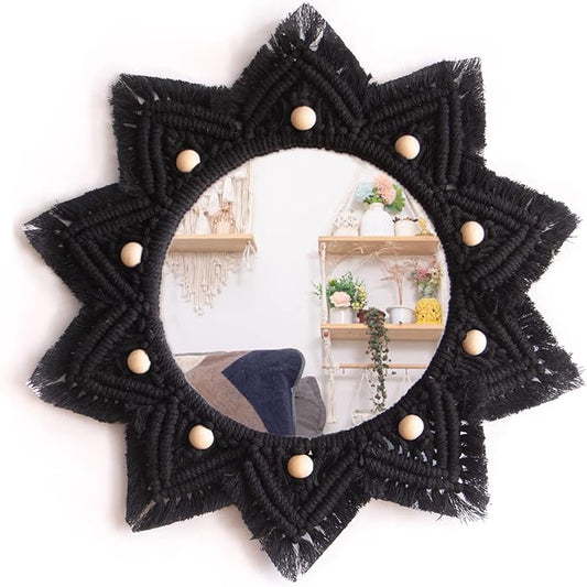 Boho Wall Hanging Mirror Macrame Bohemian Round Mirror for Bedroom Living Room Apratment
