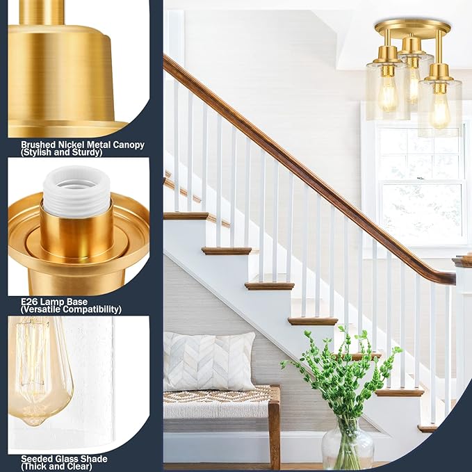 Semi Flush Mount Ceiling Light, 3-Light Close to Ceiling Light Fixtures, Brass Gold Finish Kitchen Light Fixtures with Clear Seeded Glass Shade Patriot Lighting for Entryway Porch Hallway Foyer