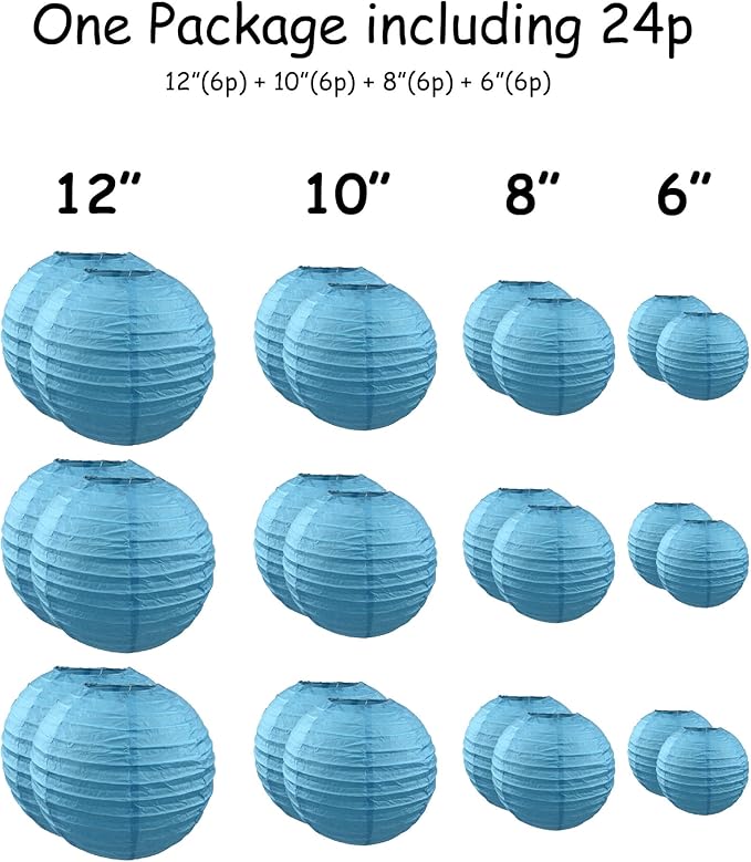 Handmade Decorative Chinese Japanese Hanging Paper Lanterns 24pcs Assorted Sizes 6", 8", 10", 12" Mixture Colors Decoration for Home, Weddings and Parties Lanterns (All Sky Blue)