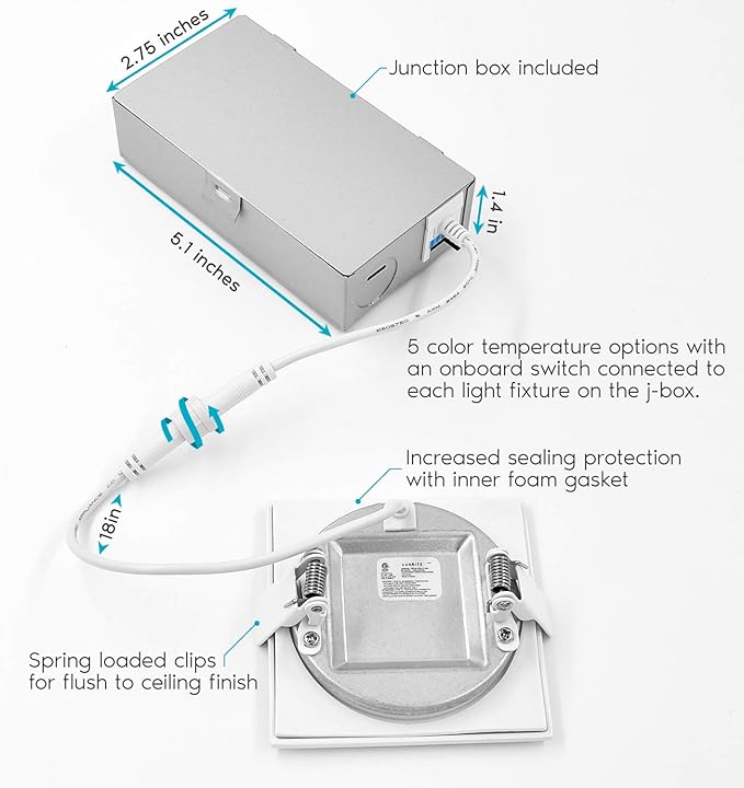 LUXRITE 16 Pack 3 Inch Square Ultra Thin LED Recessed Light with Junction Box, 8W, CCT Color Selectable 2700K | 3000K | 3500K | 4000K | 5000K, Dimmable Wafer Light, 540 Lumens, Energy Star, IC Rated