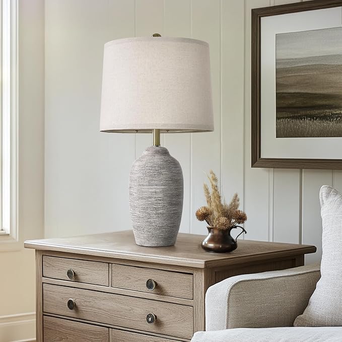 24.5" Handcrafted Ceramic Table Lamp - Single Farmhouse Vintage Rustic Bedside Lighting for Living Room, Bedroom, Entryway | Nightstand & End Table Decor with Linen Shade (Bulb Not Included)