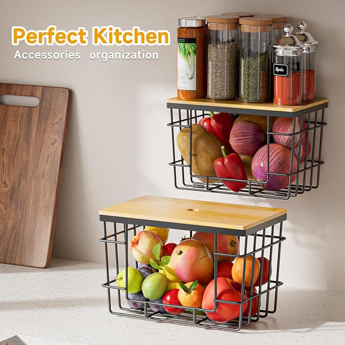 2 Pack Trash Bag Holder, Extra Large Garbage Bag Dispenser with Bamboo Top, Wall Mounted Stackable Trashbag Storage for Kitchen Laundry Room Under Sink Organization