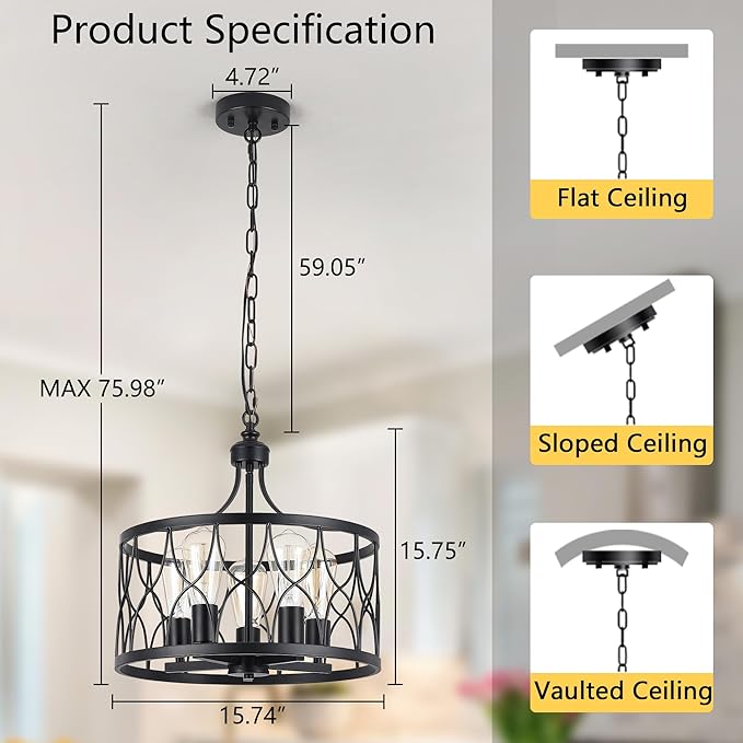 Black 15.74" Farmhouse Ceiling Light Fixture, Hight Adjustable, 5-Light Modern Industrial Metal Cage Pendant Lighting for Kitchen Island Dining Room Living Room and Entryway