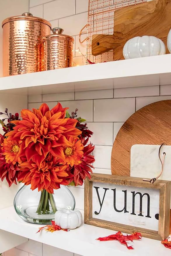Briful Faux Fall Flowers in Vase, Artificial Dahlia & Mum Silk Floral Arrangement with Clear Glass Vase Fake Autumn Flowers Bouquet for Home Office Dining Room Table Centerpiece Decoration