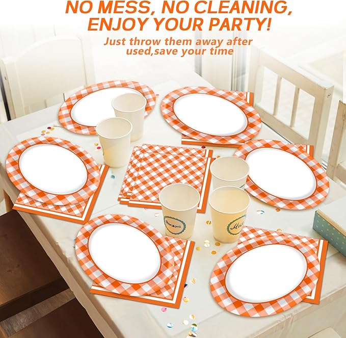 Orange Checkered Oval Paper Plates 11inch Orange and White Gingham Paper Plate and Napkin, Dish Tray Fall Plaid Party Decoration Supplies for Birthday BBQ Picnic Baby Shower Tableware, 25 Guest