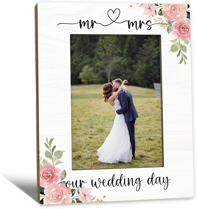 Wedding Picture Frame 5x7, Engagement Photo Frame, Engagement Gifts for Couples Newly Engaged, Mr and Mrs Our Wedding Day Couples Wooden Picture Photo Frames for Desk Home Room Decor