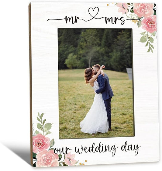 Wedding Picture Frame 5x7, Engagement Photo Frame, Engagement Gifts for Couples Newly Engaged, Mr and Mrs Our Wedding Day Couples Wooden Picture Photo Frames for Desk Home Room Decor