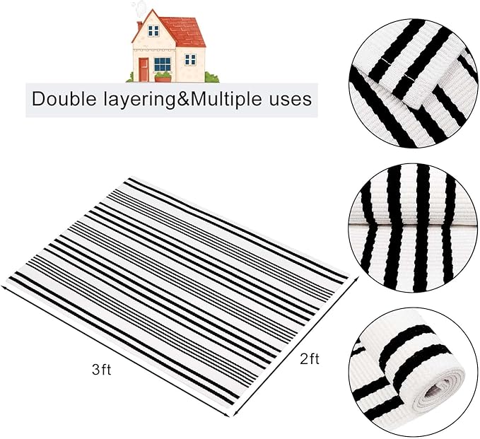 OJIA Fall Front Door Mats Outdoor 24"x35", Cotton Woven Halloween Doormat Front Door Rug Washable Indoor Door Mat Black and White Outdoor Rugs Striped Rug for Porch Decor/Farmhouse/Entryway