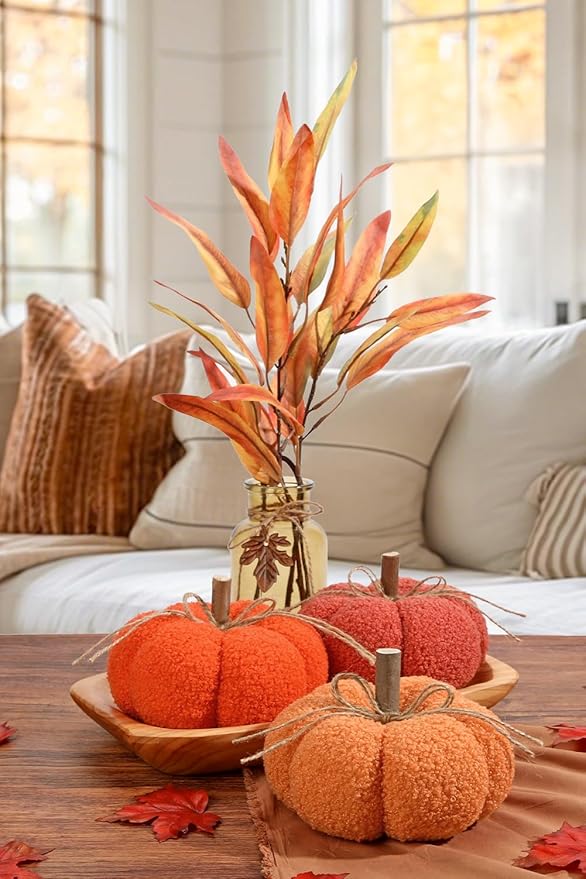 6" Fake Fall Pumpkin Decorations for Home, 3 Pcs Artificial Big Fabric Pumpkins Autumn Decor Faux Pumpkins for Decorating, Fall Wedding Table Centerpiece Mantel Harvest Decor, Halloween, Thanksgiving