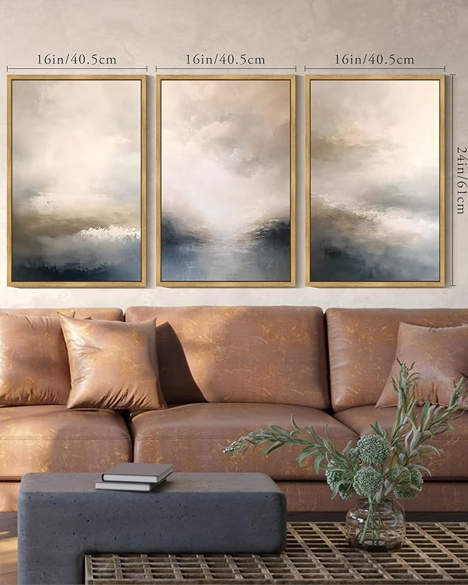 KUVIOKE Boho Abstract Wall Art Framed Minimalist Beige Gray Prints Watercolor Neutral Rustic Artwork Hallway Bedroom Living Room Decor 16x24in (Natural Framed)