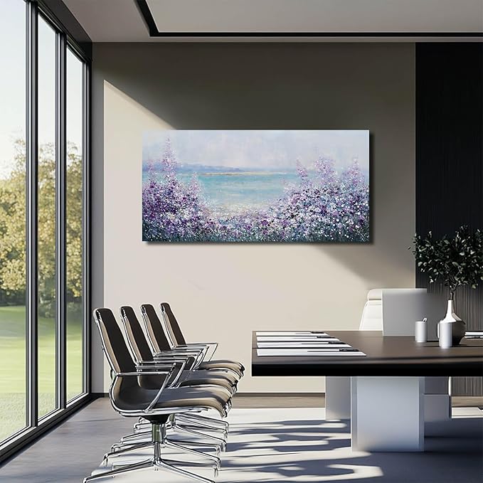Flowers Framed Canvas Wall Decor Purple and White Painting Ocean Wall Art for Office Contemporary Art Poster for Bedroom Decor 24x48 Inch