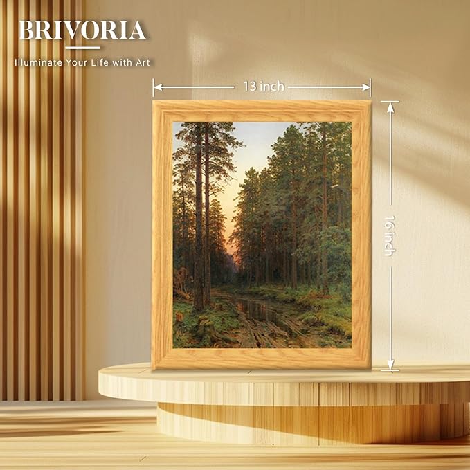 Brivoria Framed Canvas Wall Art Vintage Decor, Realistic Autumn Pine Forest Scene with Muddy Trail, Golden Sunset and Water Reflection for Bedroom Entryway Hallway or Rustic Nature Display, 13"x16"