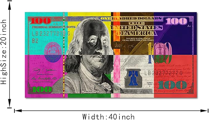 Yatsen Bridge Vivid Colorful 100 USD Artwork Abstract Creative Benjamin Franklin 100 Dollar Bill Color Blocks Canvas Paintings Wall Art HD Print Modern Home Office Decor Gallery Wrapped Easy to Hang