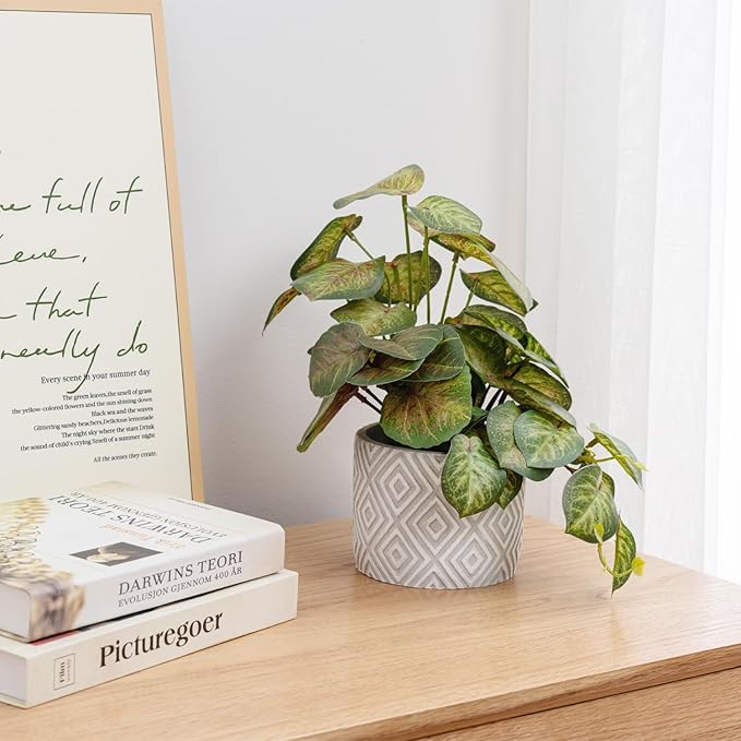 MyGift Artificial Aglaonema Evergreen Leafy Plant, Green and Red Faux Leaves Potted in Gray Concrete Pot with White Diamond Pattern, Indoor Home Table Decor