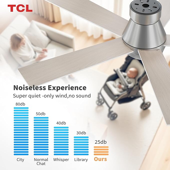TCL 52" Silver Ceiling Fan with Light and Remote, Modern LED 3-Color, Quiet Motor for Bedroom, Living Room, Dining Room, Ceiling Fans with Lights (Silver)
